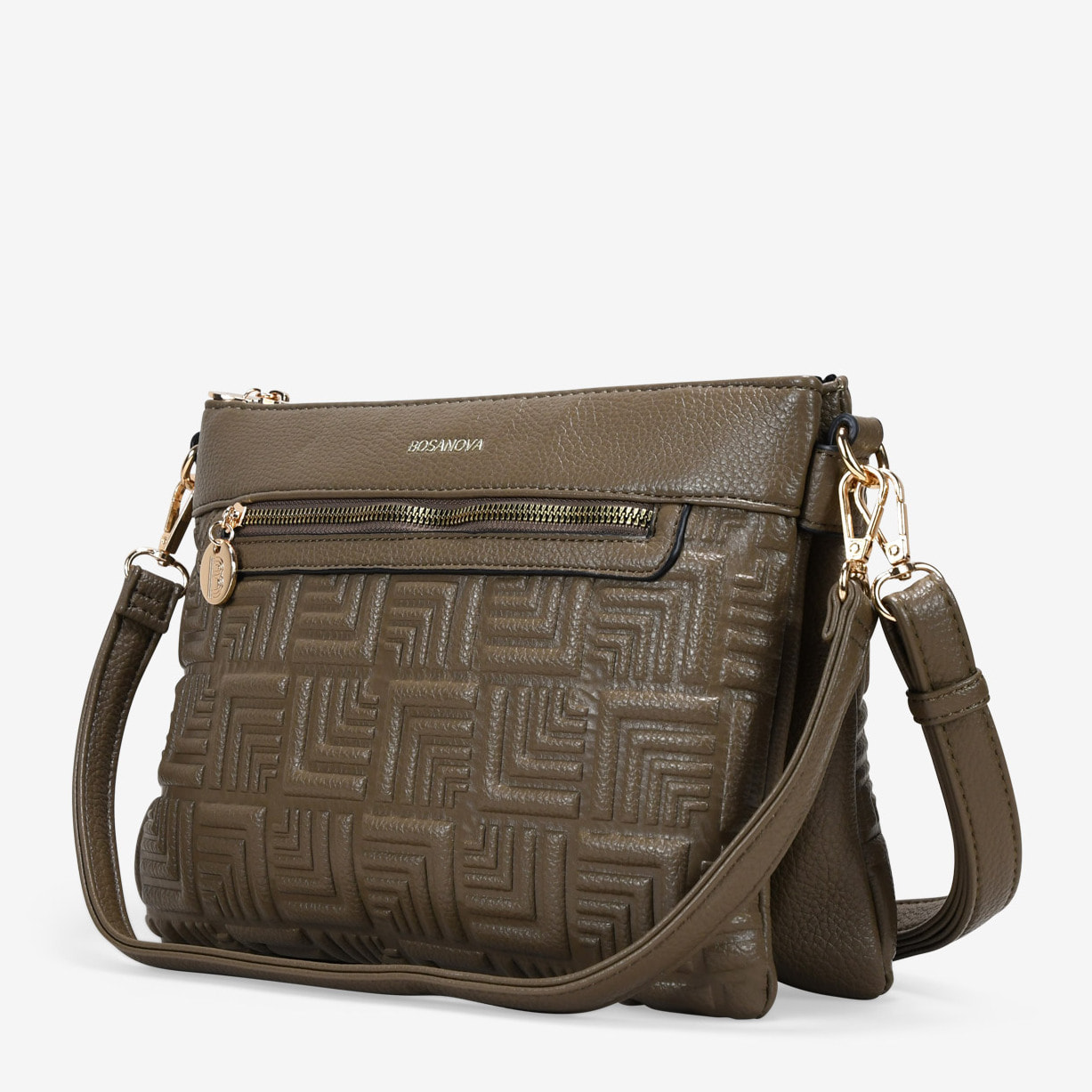 Bolso bandolera taupe con cinturón y grabado