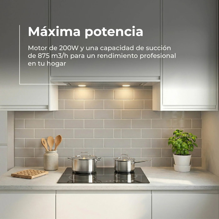 EVVO Campana Extractora Integrada CEi 55 Inox, 55 cm, 875 m³/h, A+++, Bajo Ruido, LED, Filtros de Aluminio y Carbón