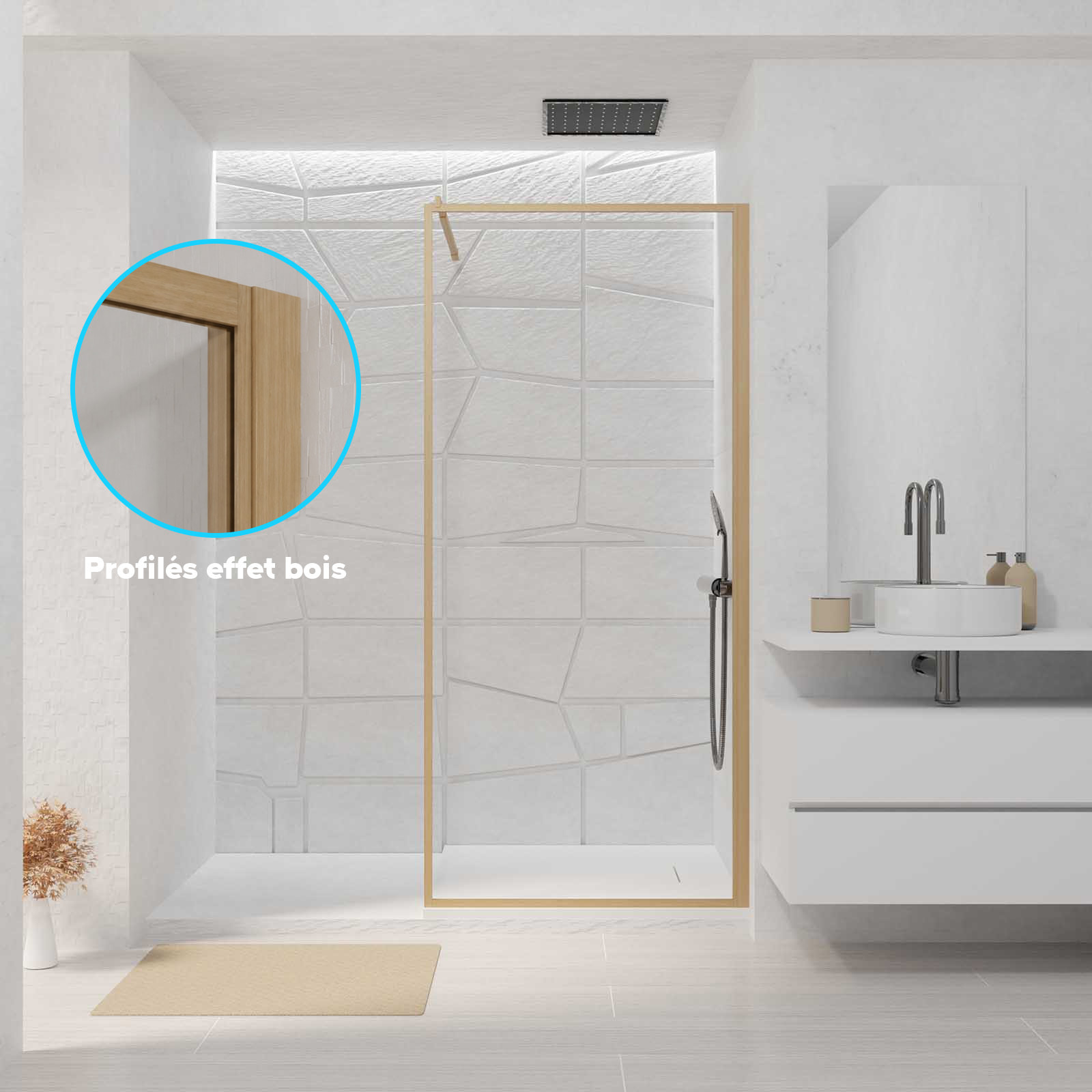 Paroi de Douche 90x200 cm - Cadre et Bras Aluminium Décor Bois - WOODEN CONTOURING