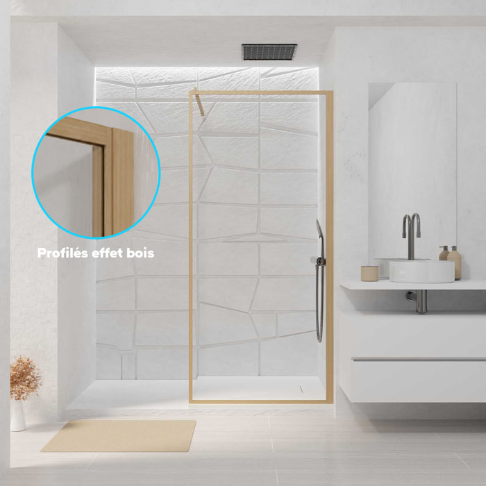 Paroi de Douche 90x200 cm - Cadre et Bras Aluminium Décor Bois - WOODEN CONTOURING