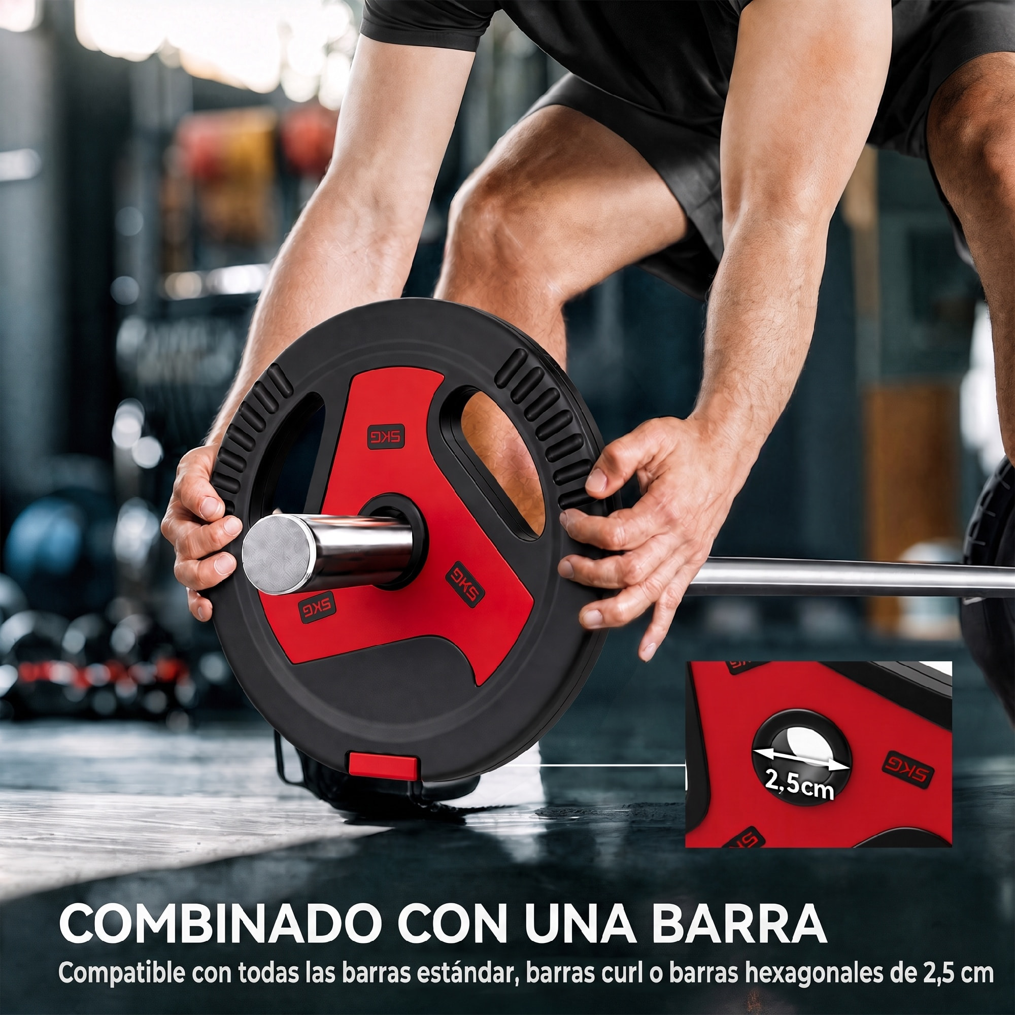 Juego de Discos de Pesas de 4 Piezas, Agujero Ø25 mm, Total 15 kg, 2x5kg, 2x2,5kg, de PP, Placas de Pesas con Agarres, para Mancuernas y Barras, para Casa, Gimnasio, Negro y Rojo