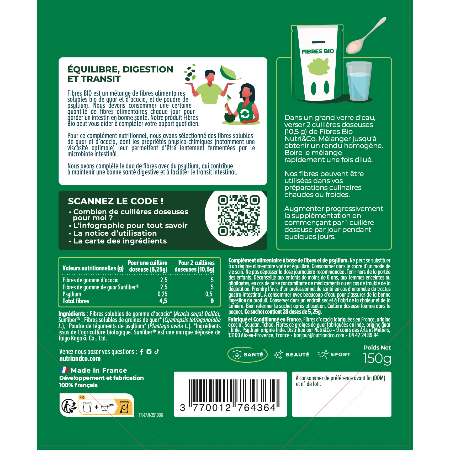 Nutri&Co Fibres Bio Équilibre Flore Intestinale Transit Detox Colon - 150g Vegan