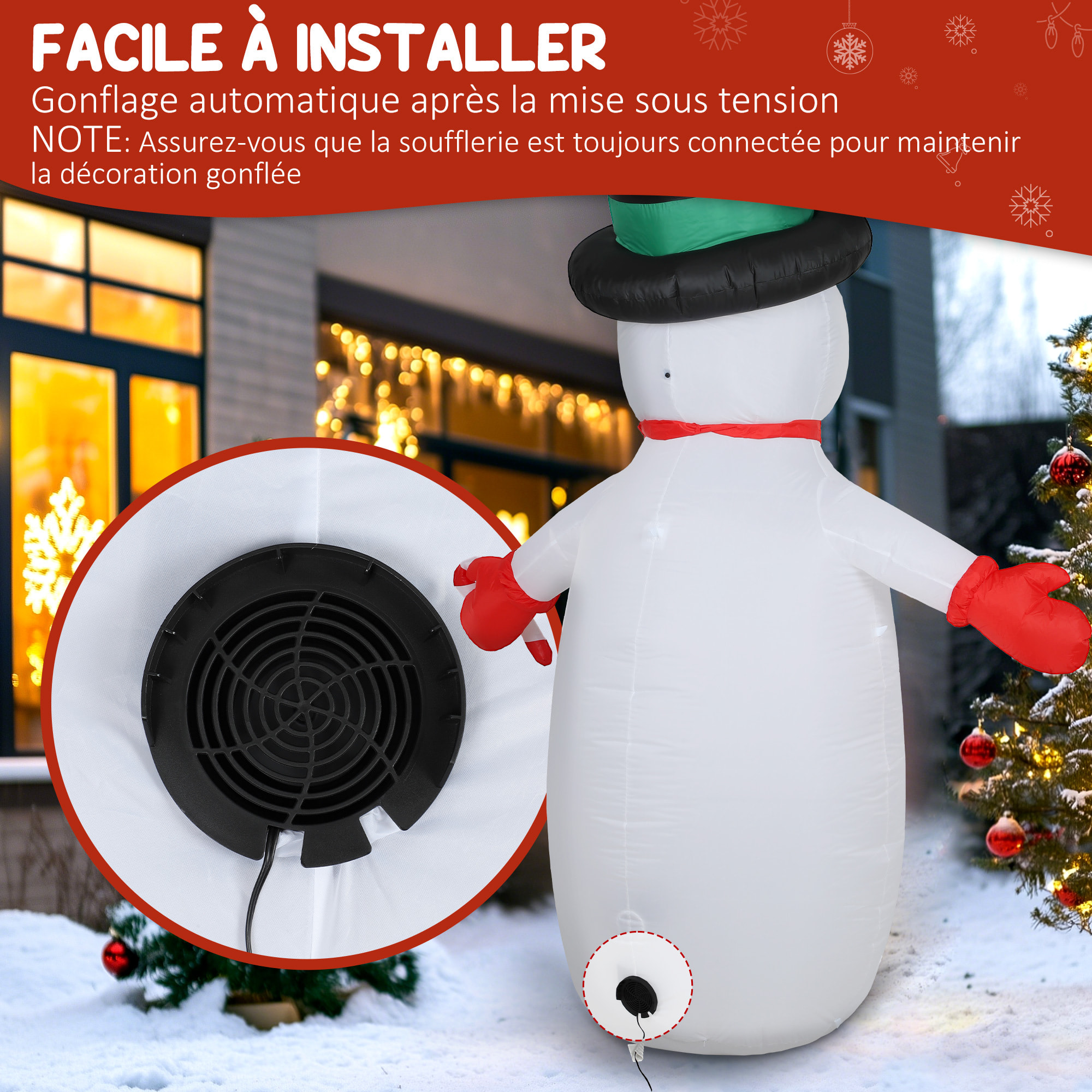 Bonhomme de neige gonflable LED Noël H.240cm matériel fixation et souffleur inclus