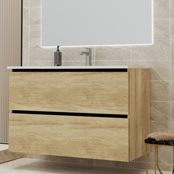 ENSEMBLE DE SALLE DE BAIN GLOOM | MEUBLE DE SALLE DE BAIN SUSPENDU | 100 CM NATURE | DEUX TIROIRS | LAVABO ENCASTRÉ | MEUBLE MONTÉ | ALDAY