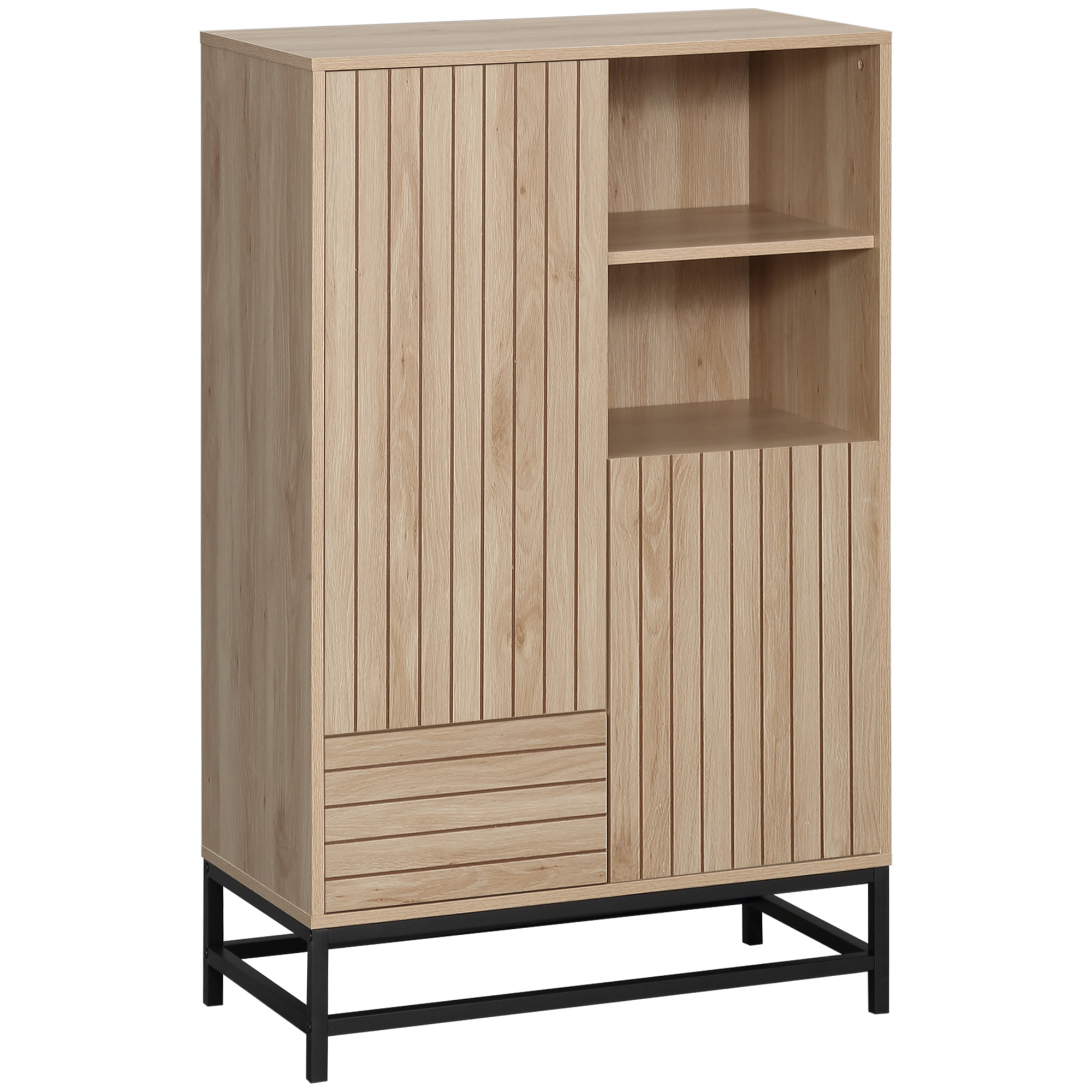 Buffet haut design Urban Craft - 2 portes avec étagère, 2 niches, tiroir - piètement acier noir - MDF aspect bois clair