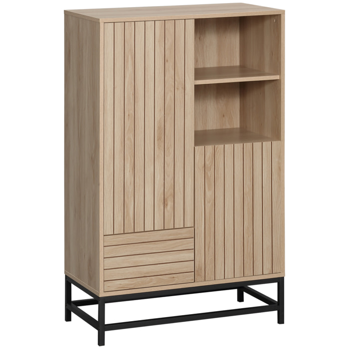 Buffet haut design Urban Craft - 2 portes avec étagère, 2 niches, tiroir - piètement acier noir - MDF aspect bois clair