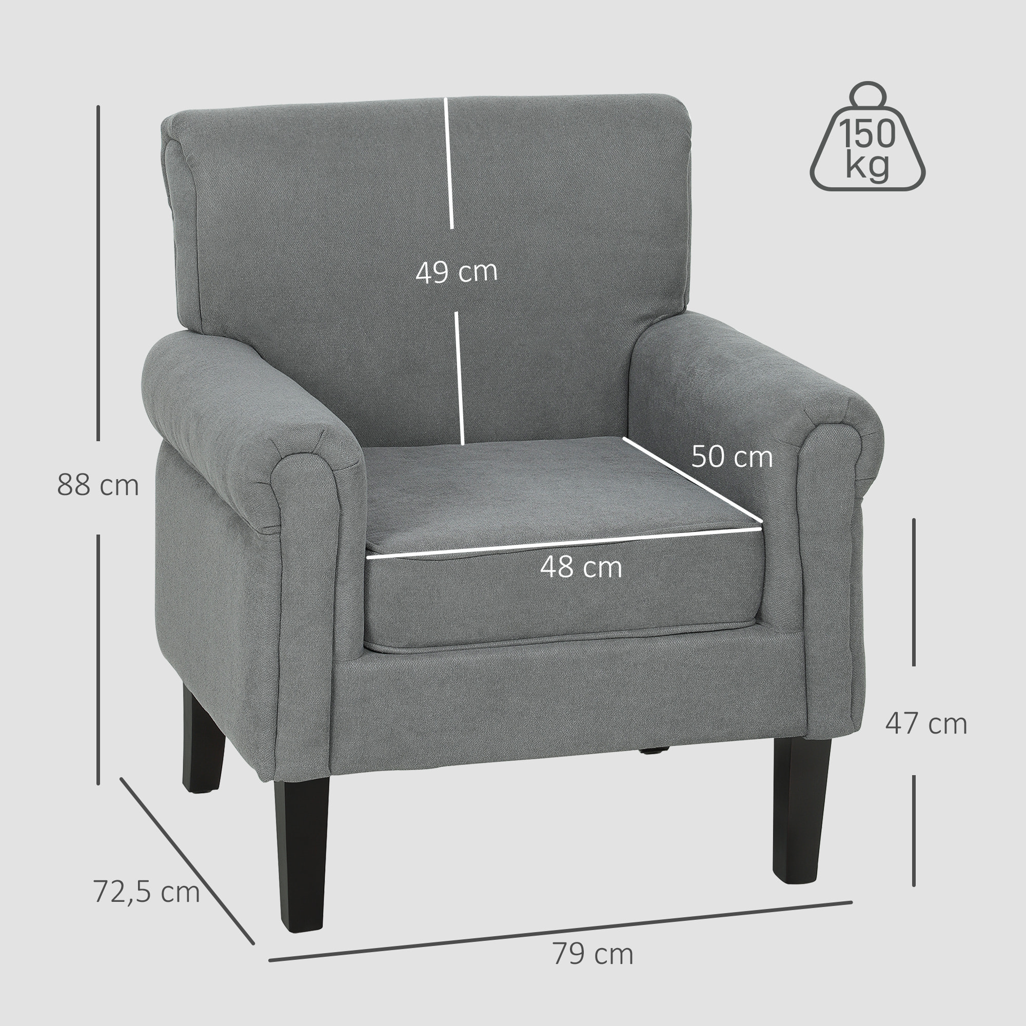 Butaca de Salón Tapizada en Tela, Sillón Relax con Reposabrazos, Asiento Extraíble y Lavable, Patas de Madera, para Dormitorio, Balcón, Estilo Moderno, Carga 150 kg, 79x72,5x88 cm, Gris Oscuro