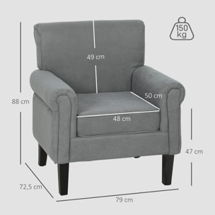 Butaca de Salón Tapizada en Tela, Sillón Relax con Reposabrazos, Asiento Extraíble y Lavable, Patas de Madera, para Dormitorio, Balcón, Estilo Moderno, Carga 150 kg, 79x72,5x88 cm, Gris Oscuro