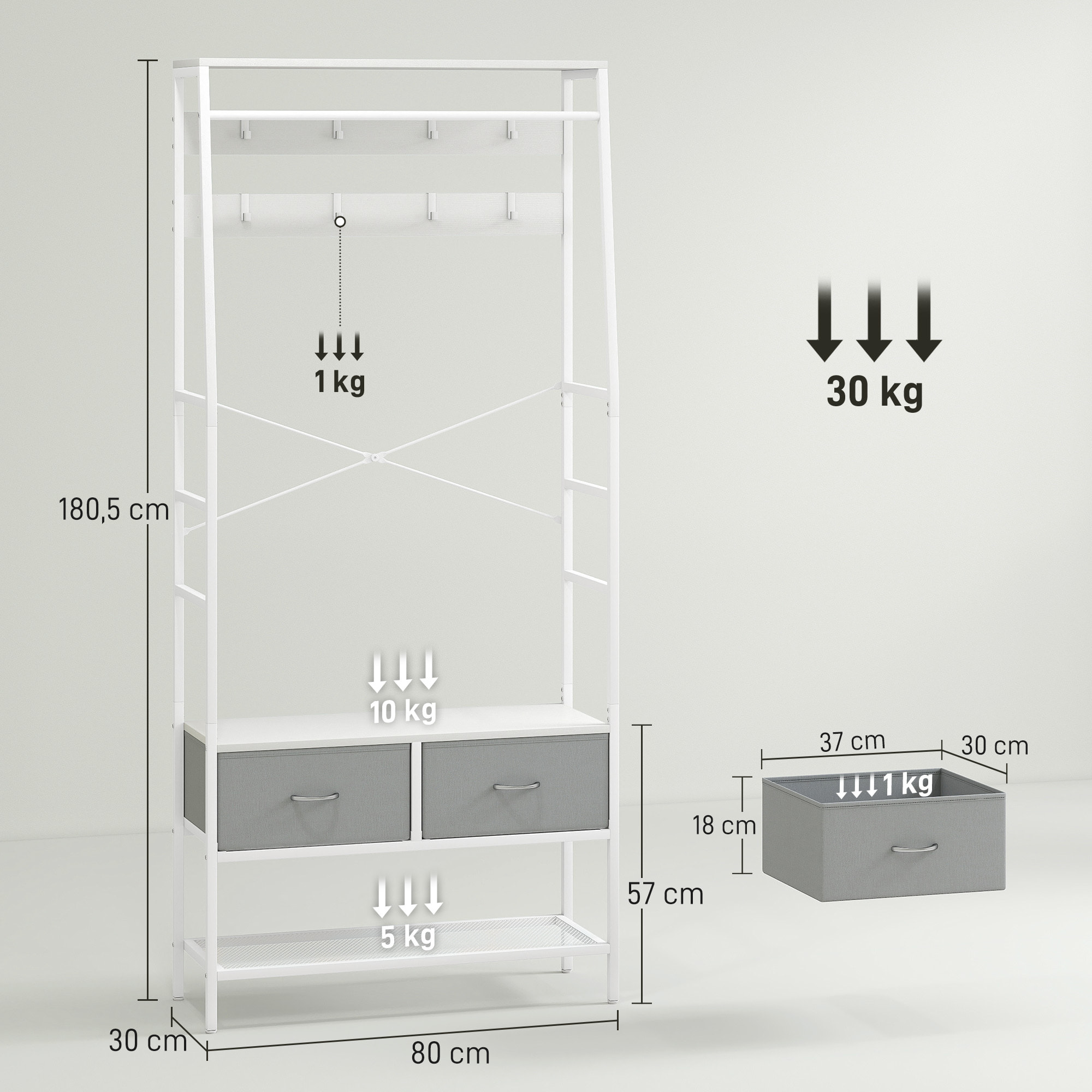 Perchero Zapatero Perchero Entrada Recibidor con Zapatero 8 Ganchos 2 Cajones de Tela Barra Estante de Malla Estilo Industrial para Pasillo Dormitorio Salón 80x30x180,5 cm Blanco