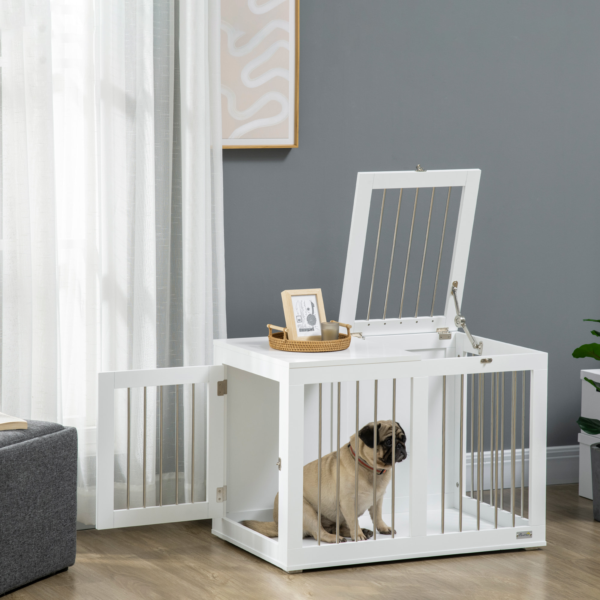 Jaula para Perros Medianos 2 en 1 Mesa Auxiliar Estilo Moderno con 2 Puertas con Pestillo y Estructura de Acero Inoxidable Casa para Perros 80x50x56,5 cm Blanco