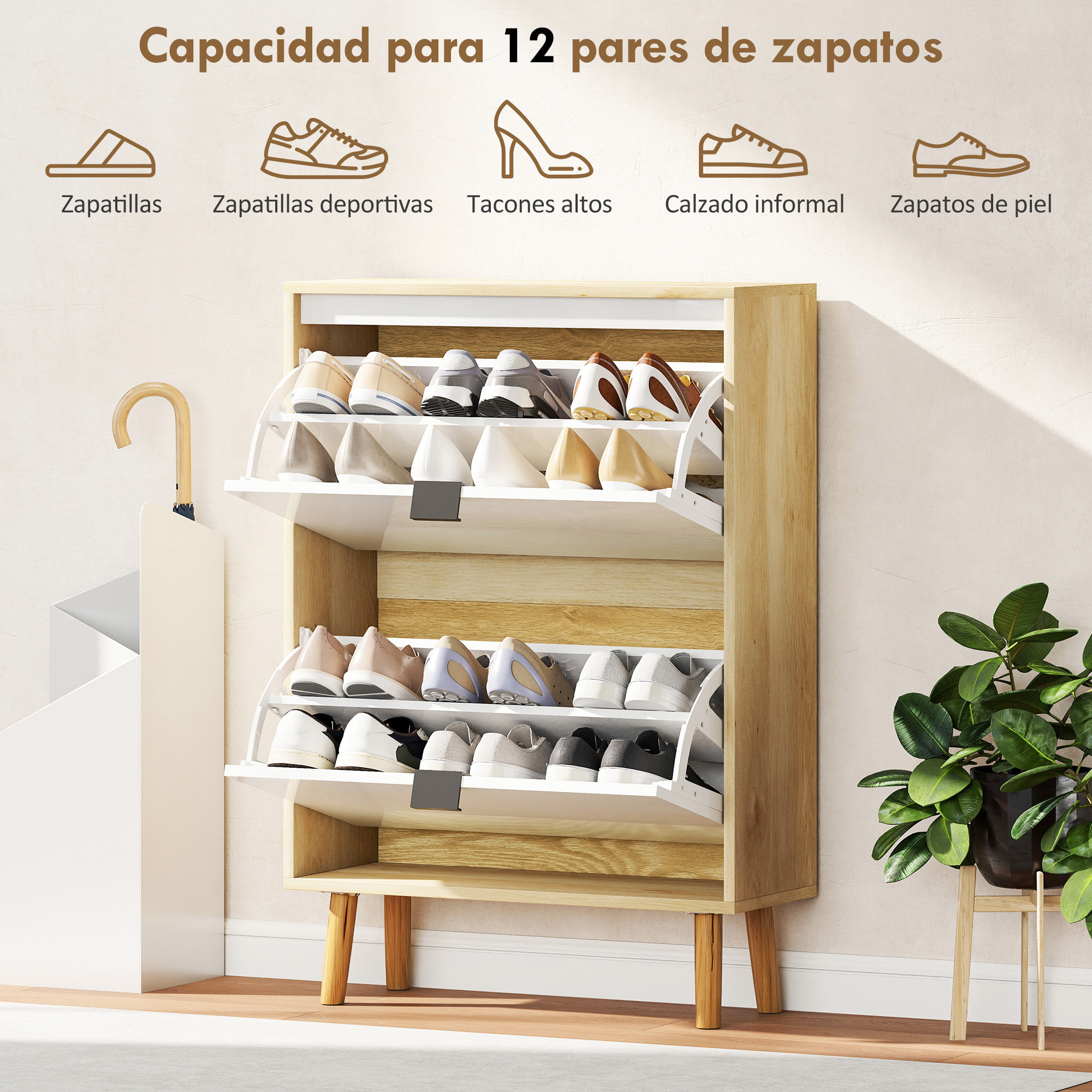 Zapatero Estrecho con 2 Puertas en Blanco Brillo, Zapatero Entrada Recibidor con Estantes Ajustables Patas de Madera, para 12 Pares de Zapatos, 60x24x91 cm Blanco