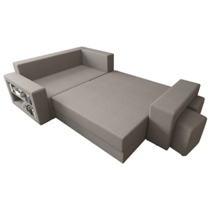Libbie - Canapé d'angle gauche 4 places convertible avec coffre, étagère et poufs en tissu - Gris