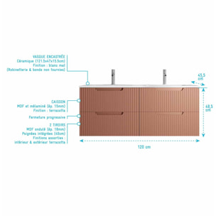 Meuble de Salle de Bains LEON 120cm Terracotta - 4 Tiroirs en MDF Ondulés - Vasque à encastrer