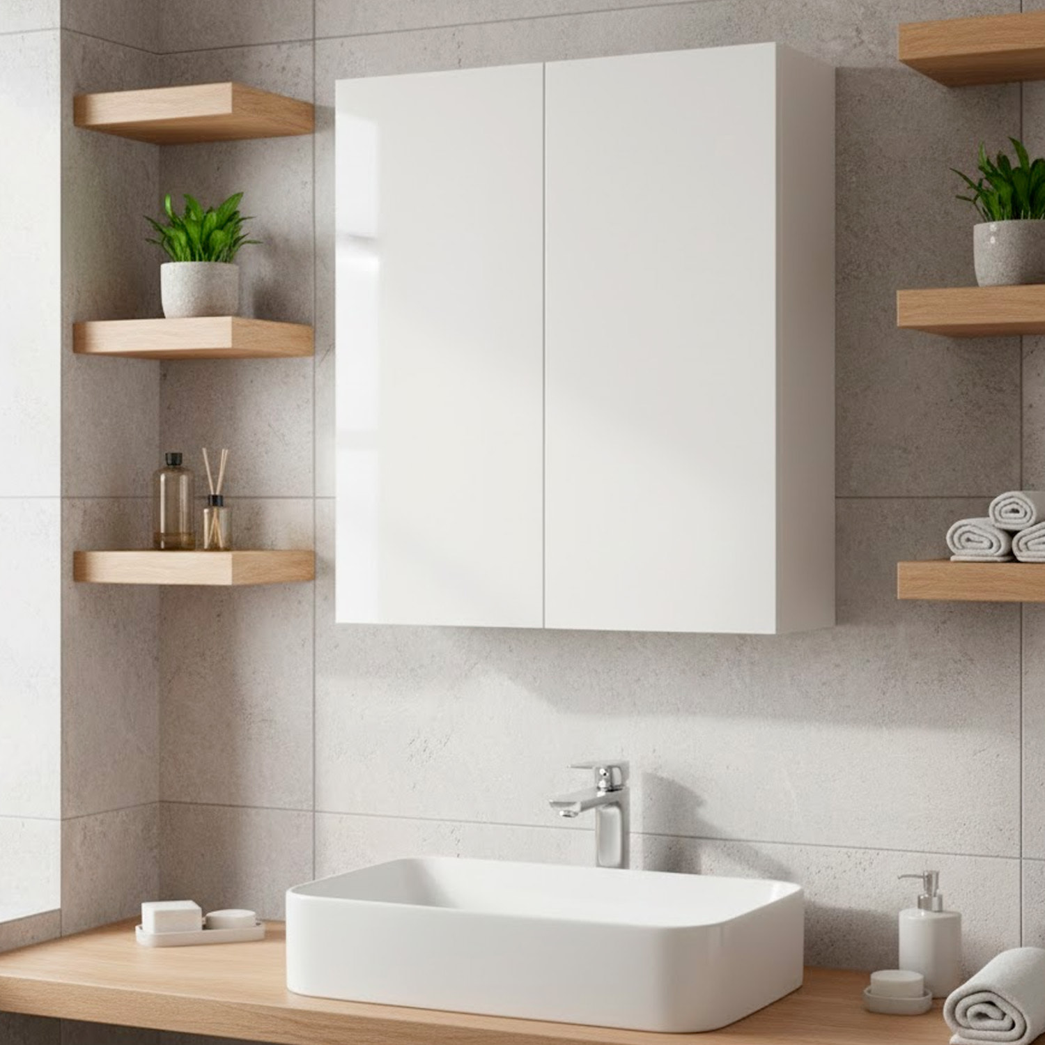 Mobile Pensile Da Bagno Sospeso Con 2 Ante Battenti E Ripiani Interni Armadietto In Melaminico Salvaspazio Per Bagno 60 x 60 x 16 Cm Bianco Lucido