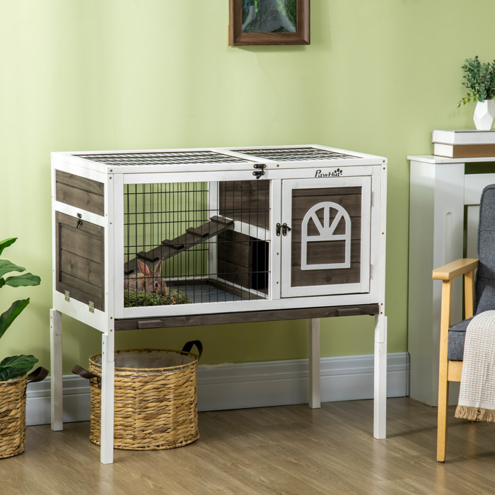 Conejera de Madera Elevada Jaula para Conejos con Zona Abierta Techo Abatible Puertas con Pestillo Bandeja Extraíble y Rampa Conejera para Interior 90x53x87 cm Marrón y Blanco