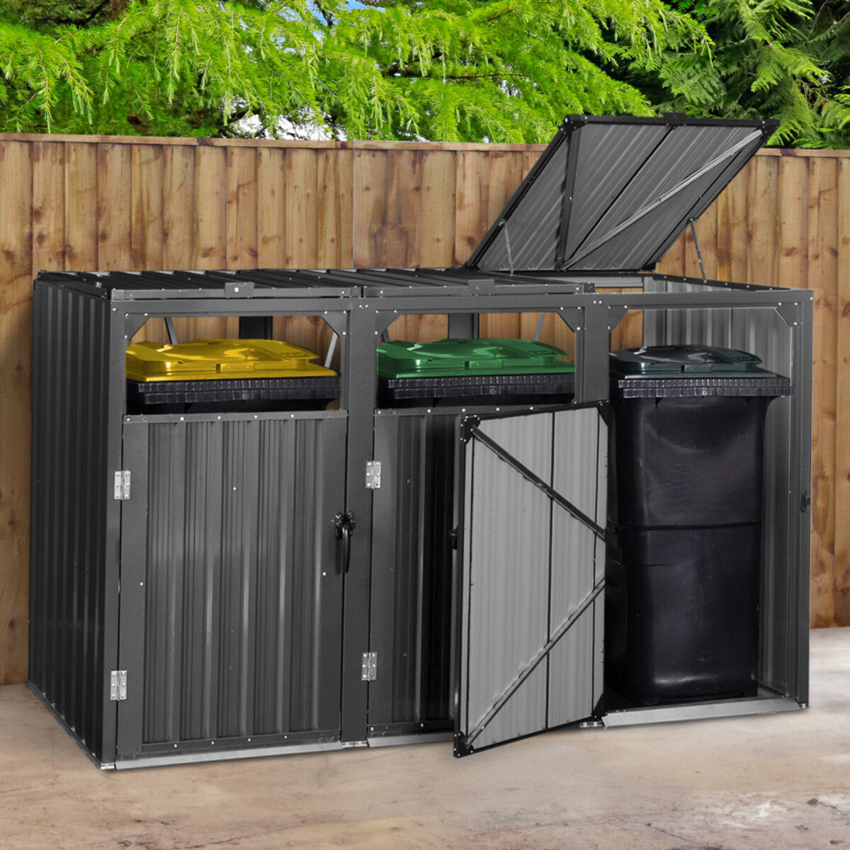 Cache poubelles triple en métal gris anthracite