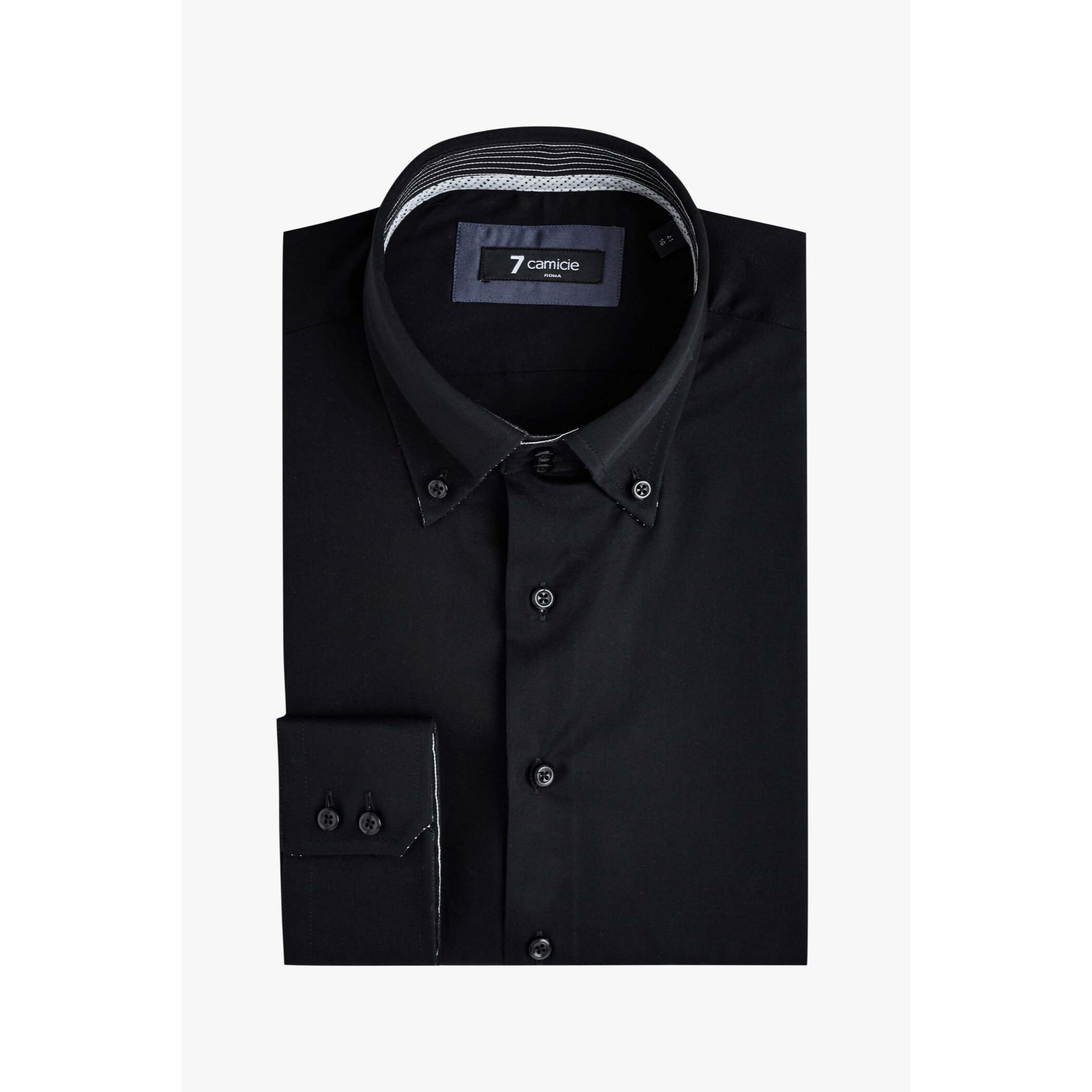 Camicia Uomo 2 Bottoni Button Down Slim Satin Unito Nero