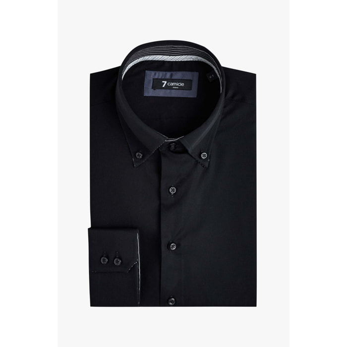 Camicia Uomo 2 Bottoni Button Down Slim Satin Unito Nero