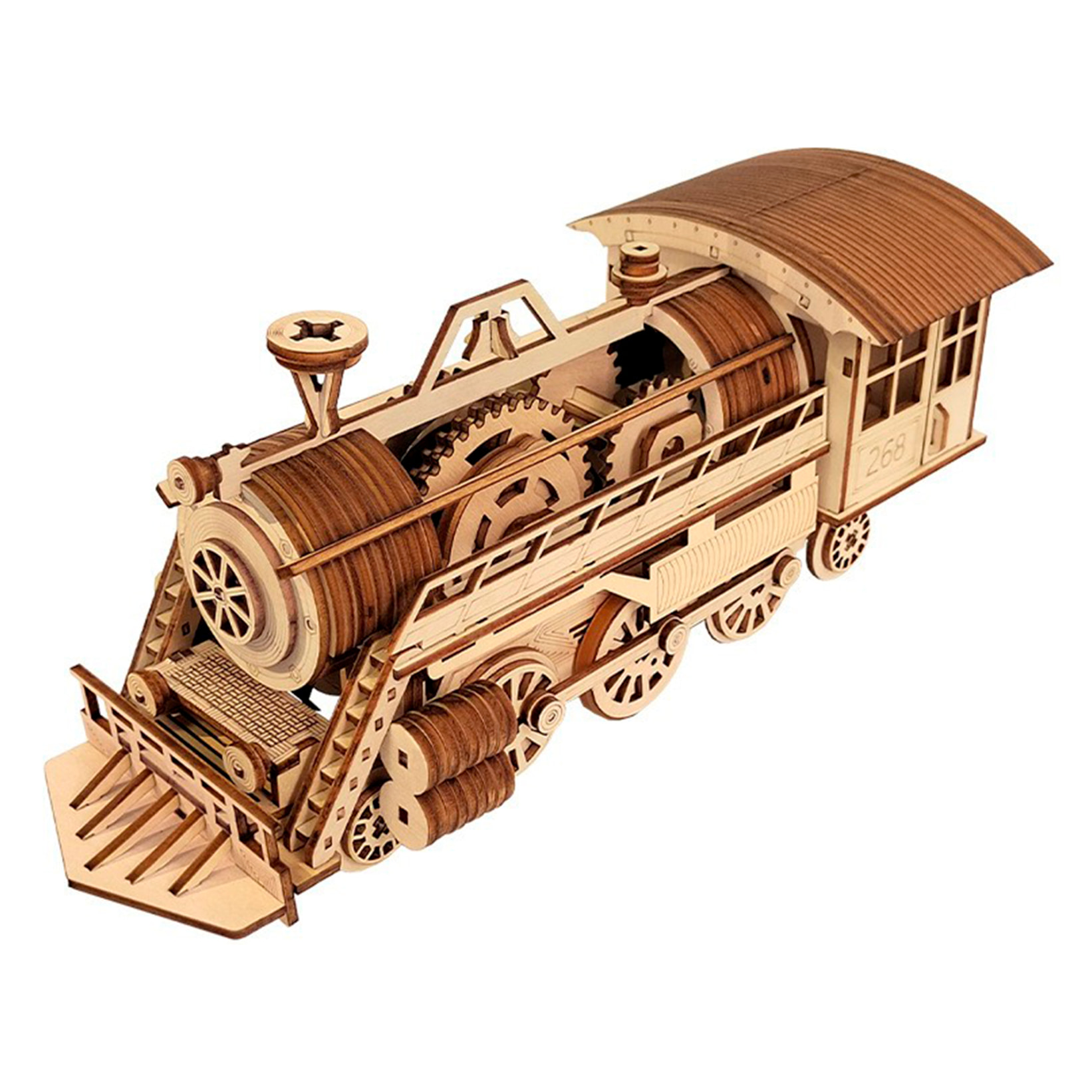 Modello di Legno 3D, con movimento meccanico design Treno a Vapore. 252 pezzi.