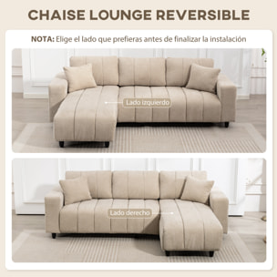 Sofá Chaise Longue Reversible, Sofá Esquinero en Forma de L de 3 Plazas, 2 Almohadas, Tapizado en Lino, Marco de Acero, para Salón, 242x156x87 cm, Beige