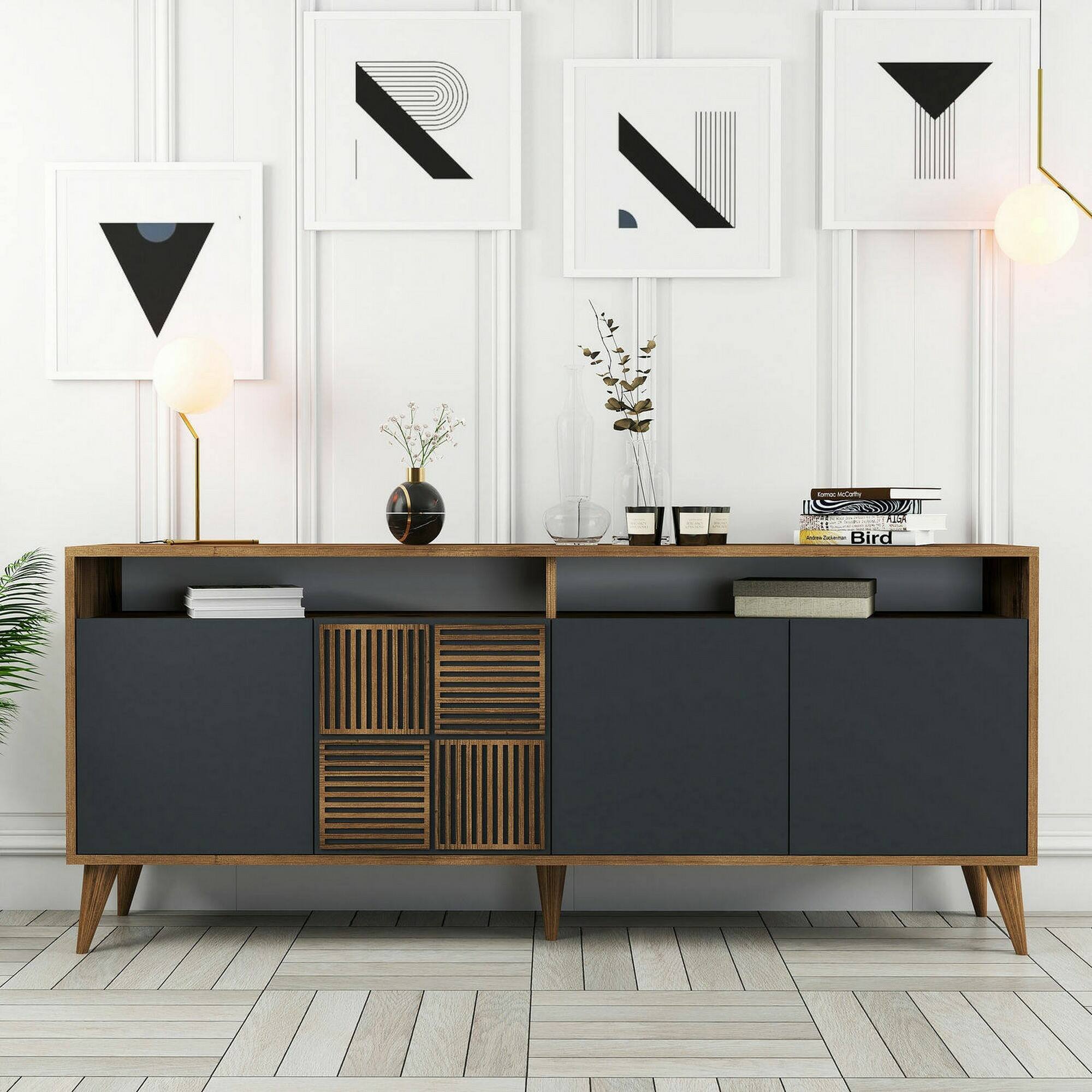 Consolle Jole, Credenza da soggiorno, Armadio basso per TV, Base parete attrezzata, 180x35 h79 cm, Noce e Antracite
