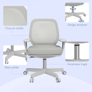 Chaise de bureau ergonomique hauteur réglable pivotante 360° revêtement maille gris