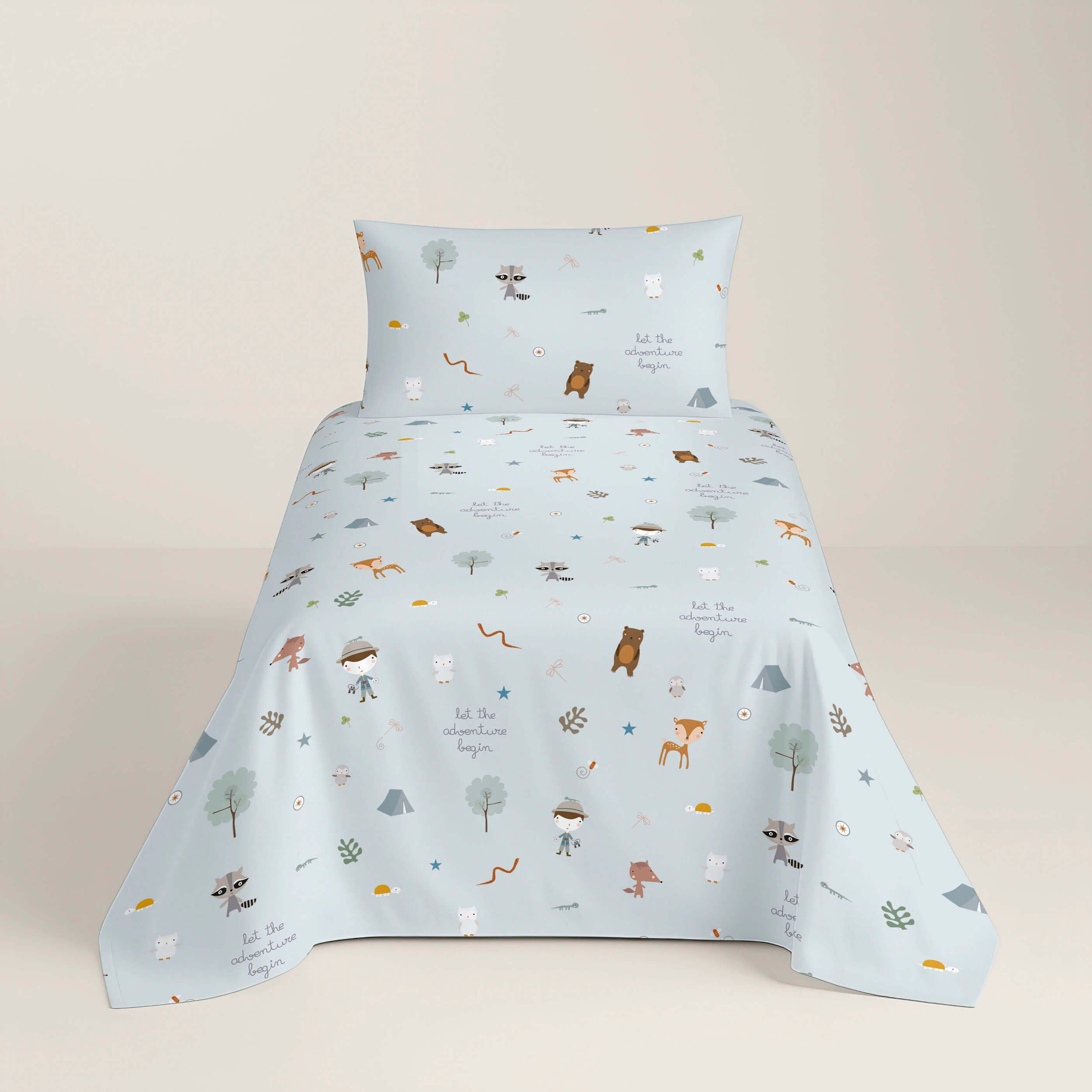Juego de Sábanas Estampadas - Infantil - Incluye 1 Funda de Almohada - 100% Algodón - Aventura Bosque Reverso