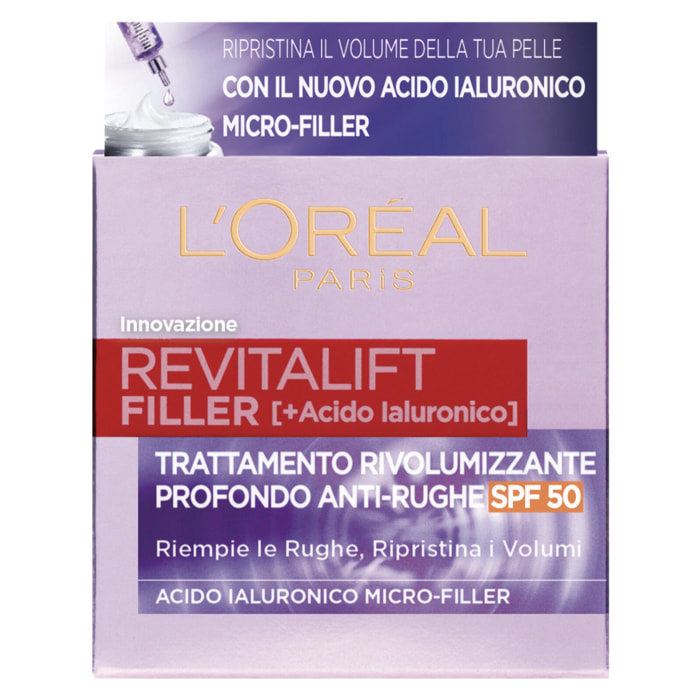 Crema Viso Anti-Rughe SPF 50 Trattamento Rivolumizzante Profondo Revitalift Filler con Acido Ialuronico - Barattolo da 50ml