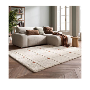 BRENDA Alfombra shaggy geométrica con relieve blanco y motivos caldera, varias medidas disponibles