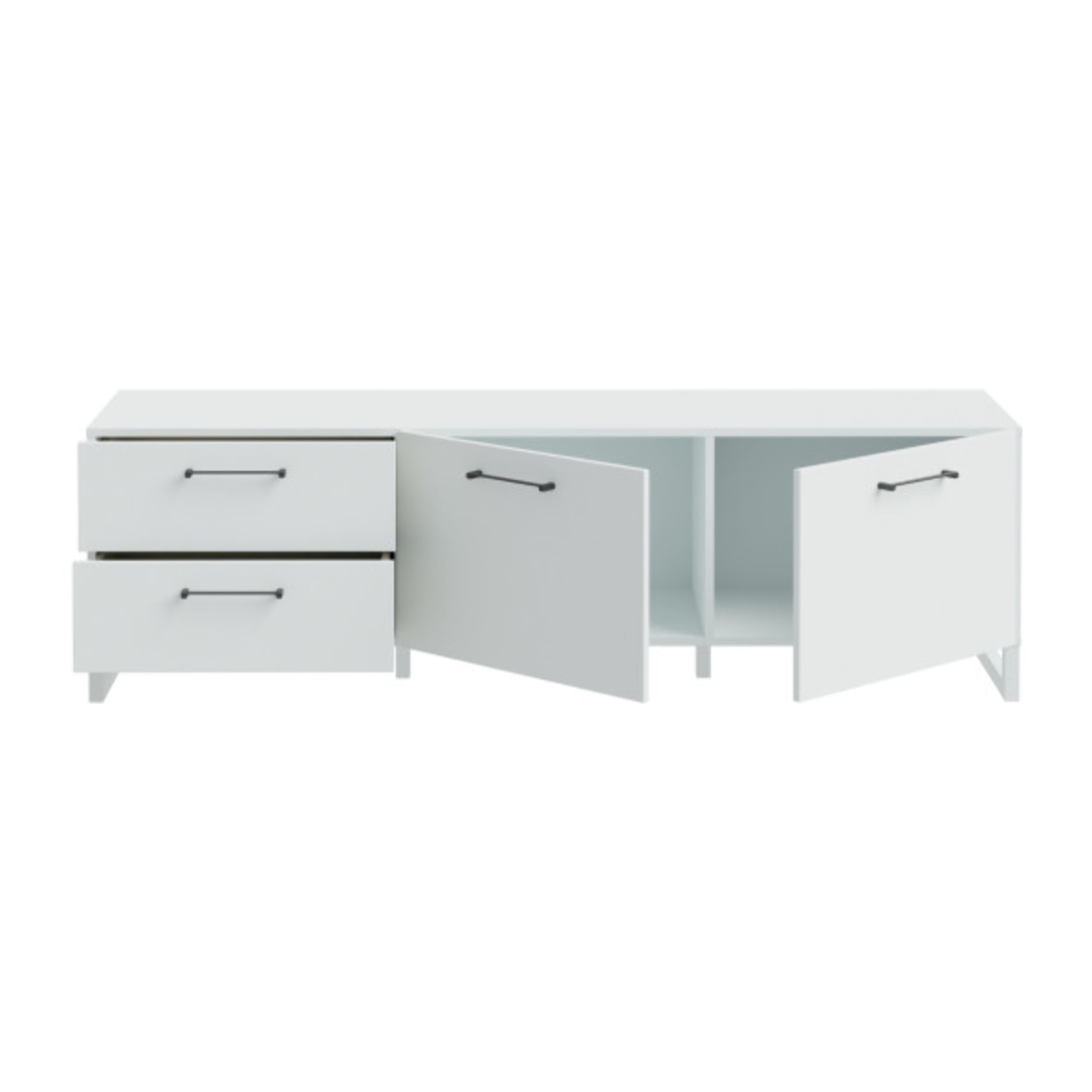 Meuble TV L164cm 2 tiroirs 2 portes soft close gris clair mat - BASIL