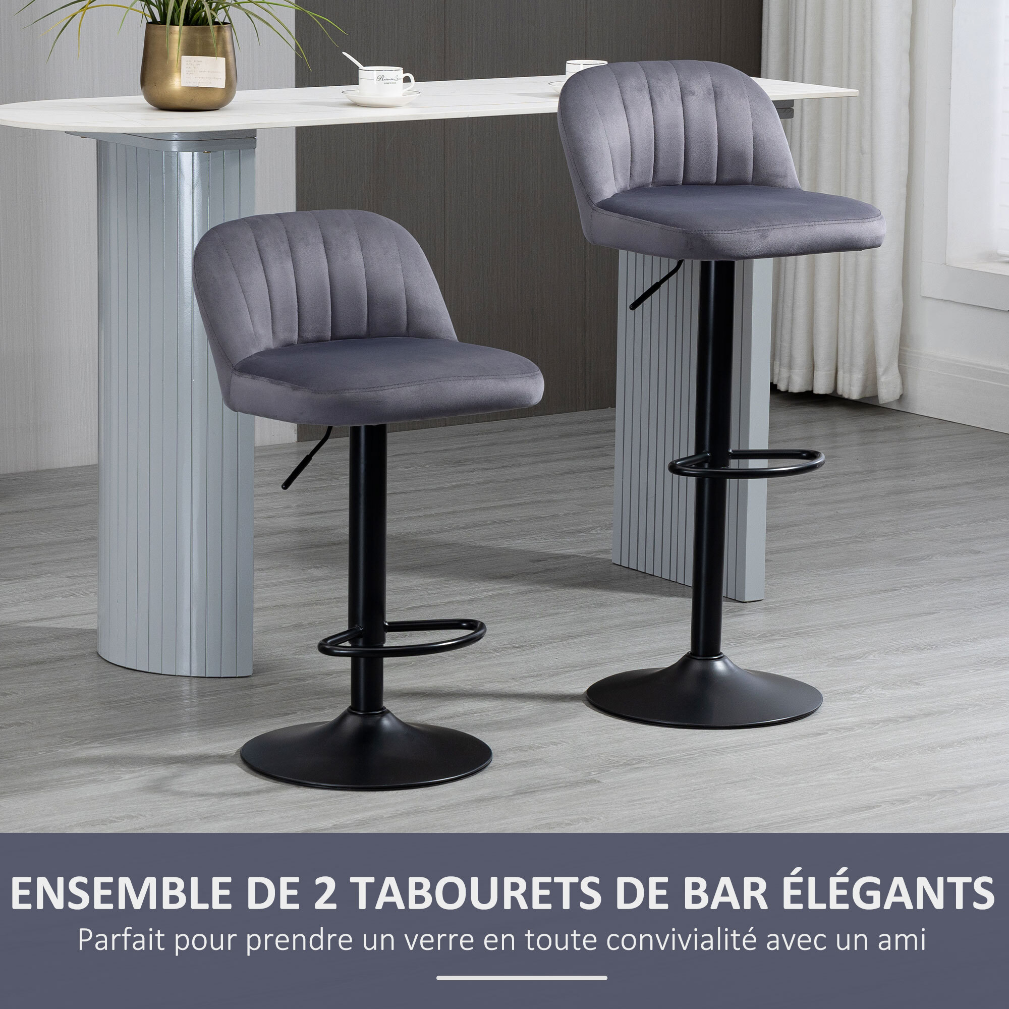 Lot de 2 tabourets de bar design contemporain velours gris métal noir