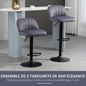 Lot de 2 tabourets de bar design contemporain velours gris métal noir