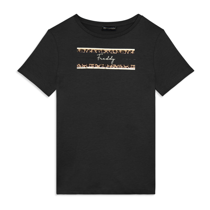 T-shirt Manica Corta con Dettagli Animalier e Borchie