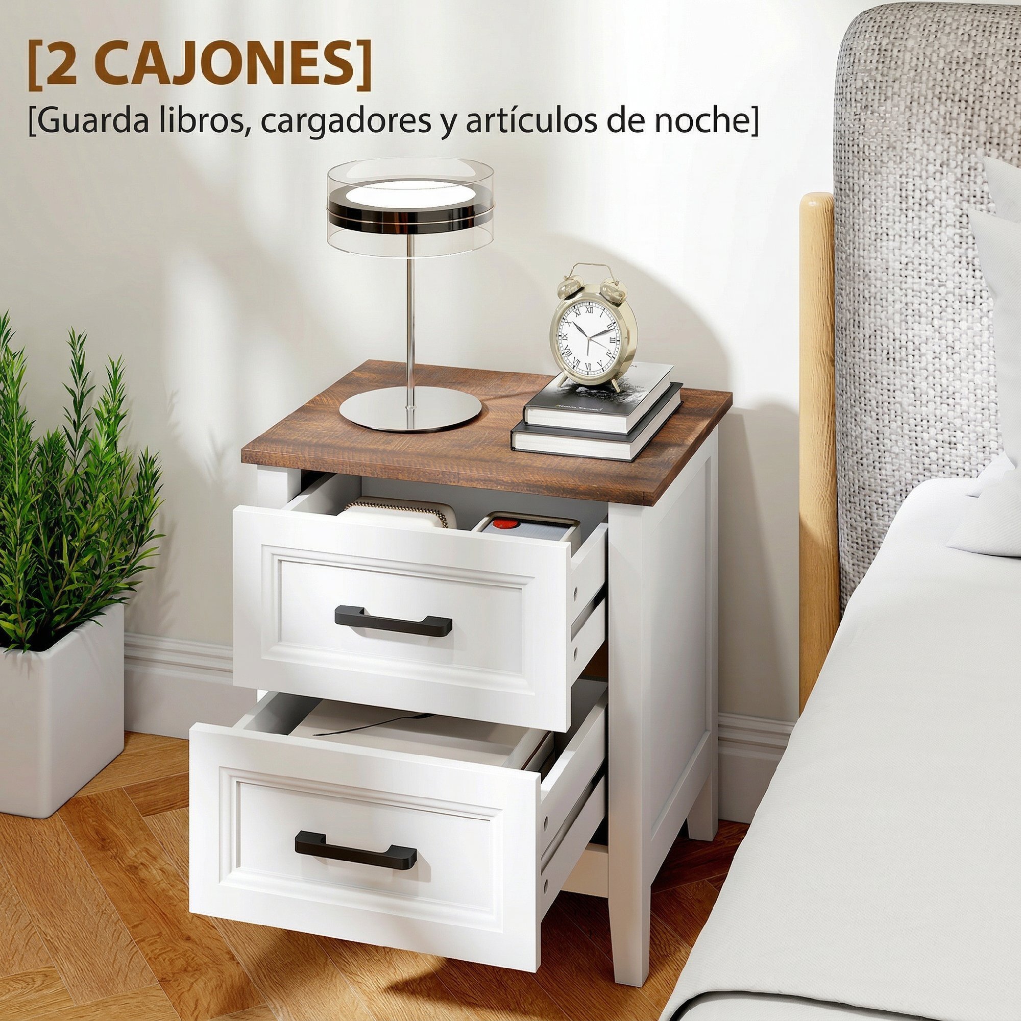 Mesita de Noche, Mesilla de Noche con 2 Cajones, Estilo Rústico, Mesita para Salón, Dormitorio, 45x30x50 cm, Blanco