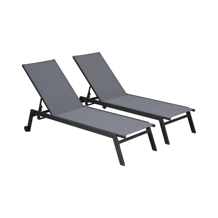 Lot de 2 bains de soleil ELSA en aluminium gris anthracite et textilène gris taupe. transats multi positions avec roulettes