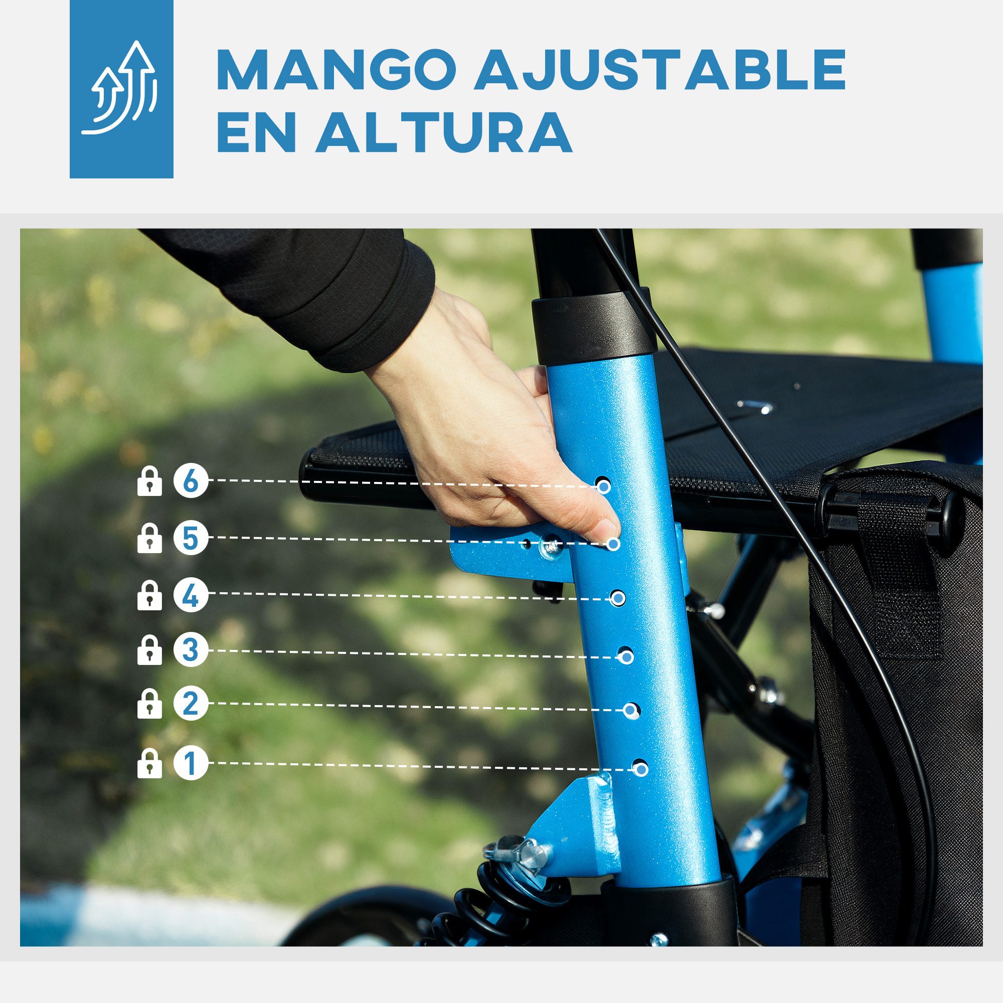 Andador para Ancianos Plegable de Aluminio Andador para Personas Mayores con Asiento y 4 Ruedas Andador con Altura Ajustable Frenos de Maneta y Bolsa de Transporte Azul y Negro