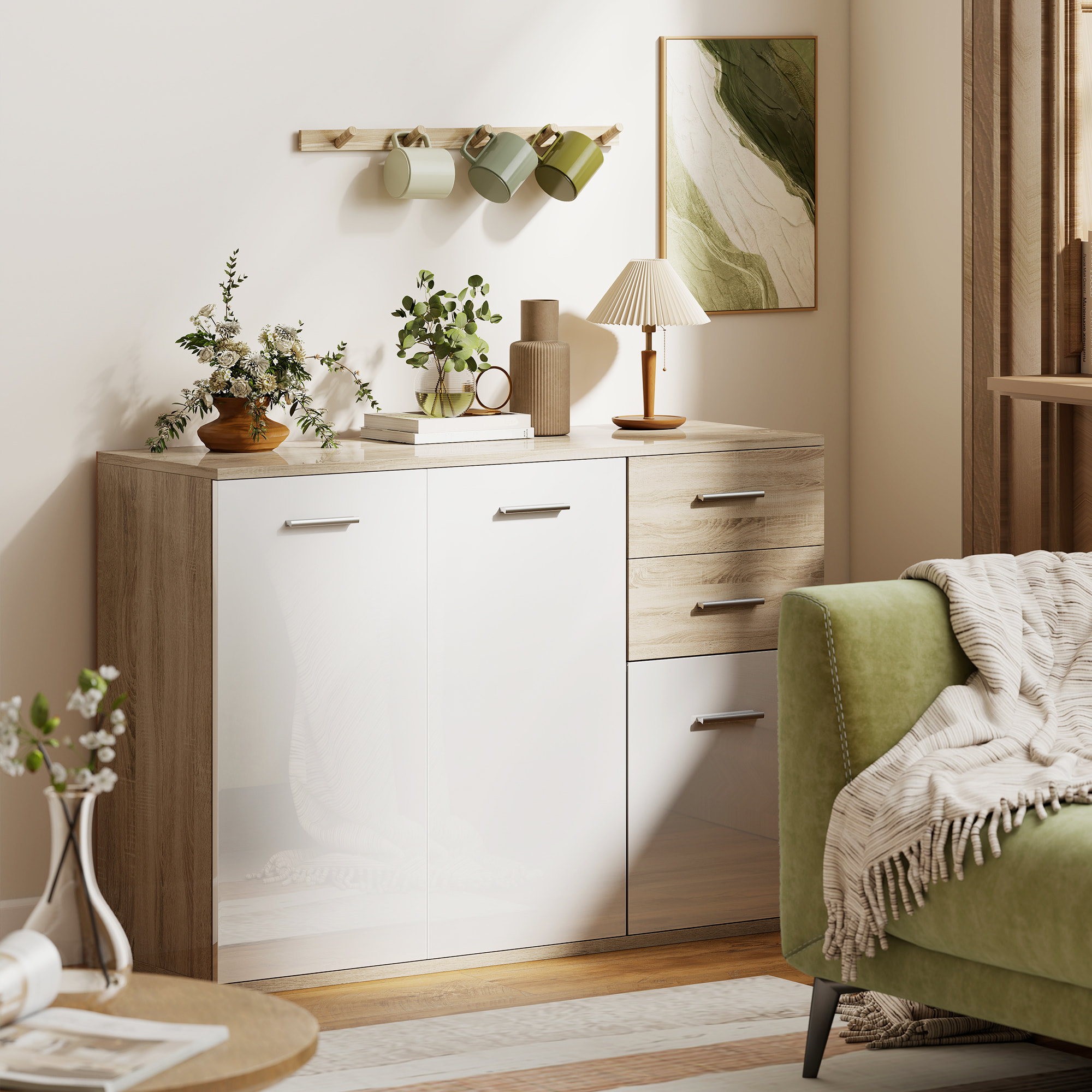 Buffet 2 tiroirs coulissants 2 placards étagère réglable panneaux blanc laqué effet bois naturel