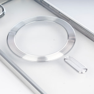 Custodia trasparente con fotocamera coperta, bordi argentati, antiurto e anti-impronte. Magsafe per iPhone 16e.