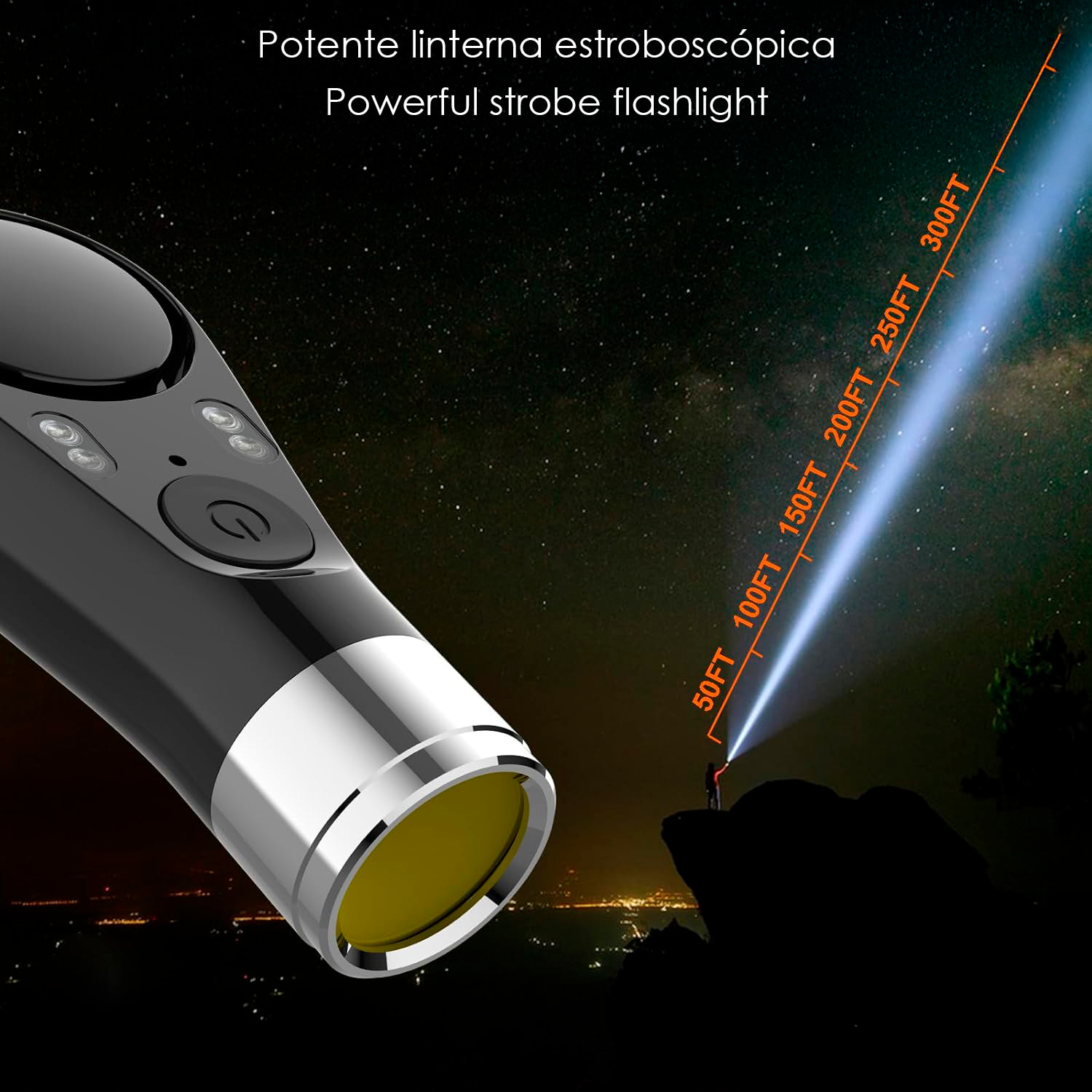 Allerta SOS personale con luce LED brillante, segnale rosso/azzurro e suono di 130±5 dB. Batteria ricaricabile.