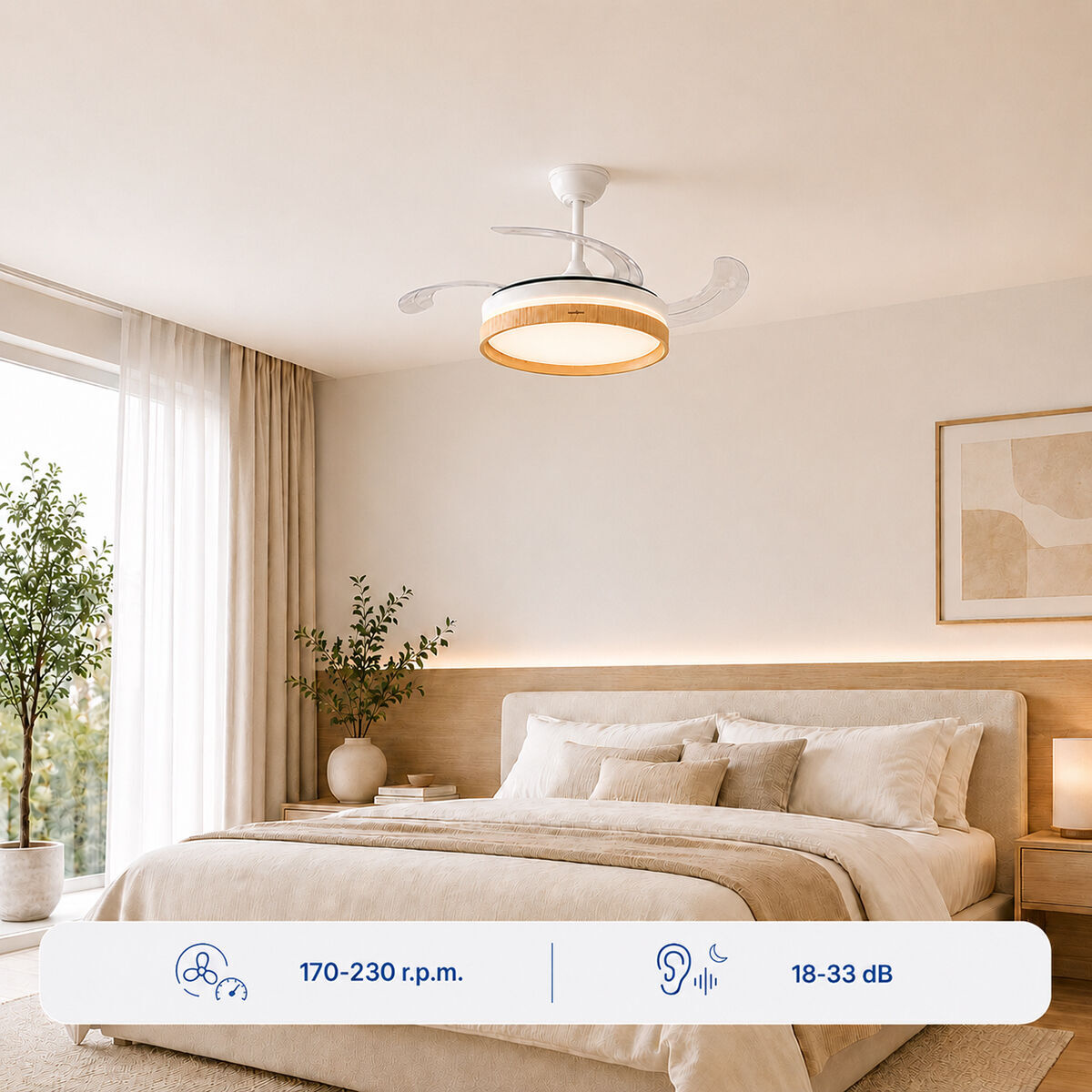 Ventilador de Techo con Luz LED y 4 Aspas Retráctiles Woteez InnovaGoods Madera 72 W Ø49-104 cm