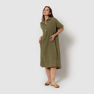 Vestido midi manga fluida muselina verde cacería