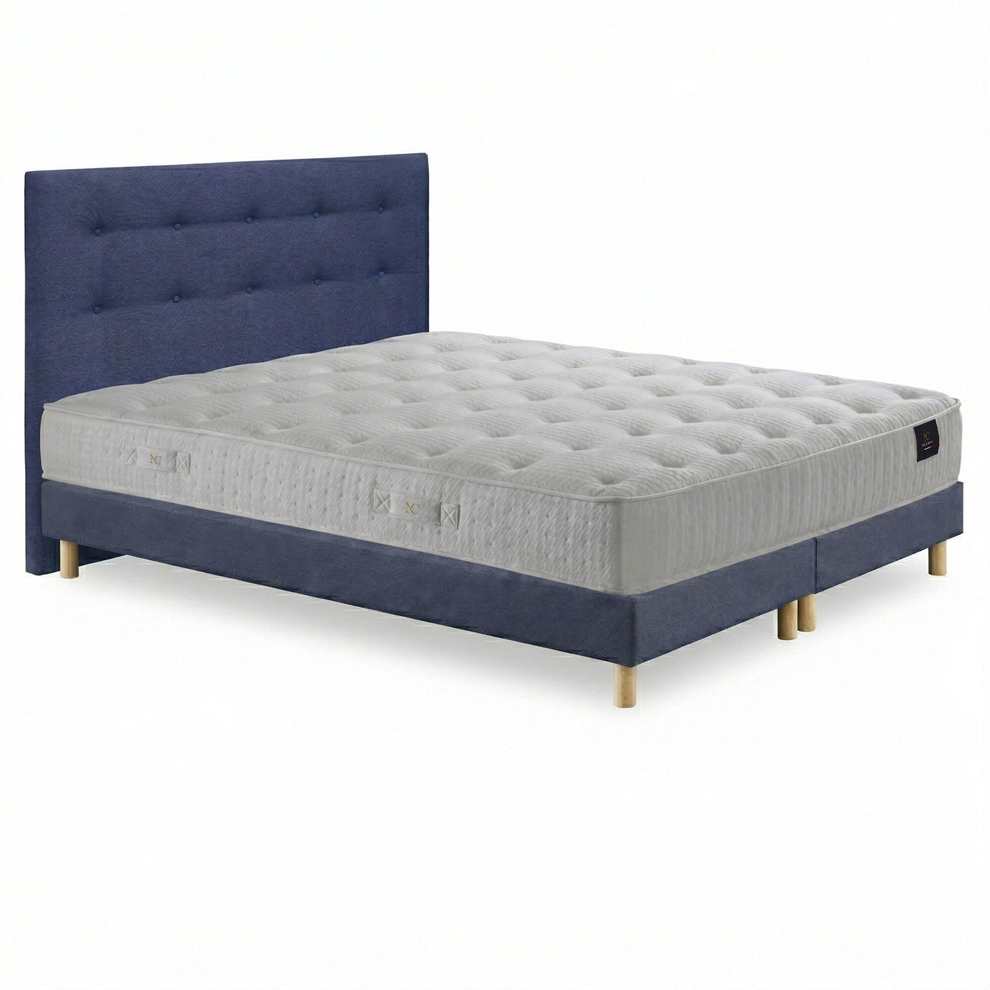 Ensemble matelas ressorts ensachés HÉCATE 2, H26 cm, sommier et tête de lit bleu