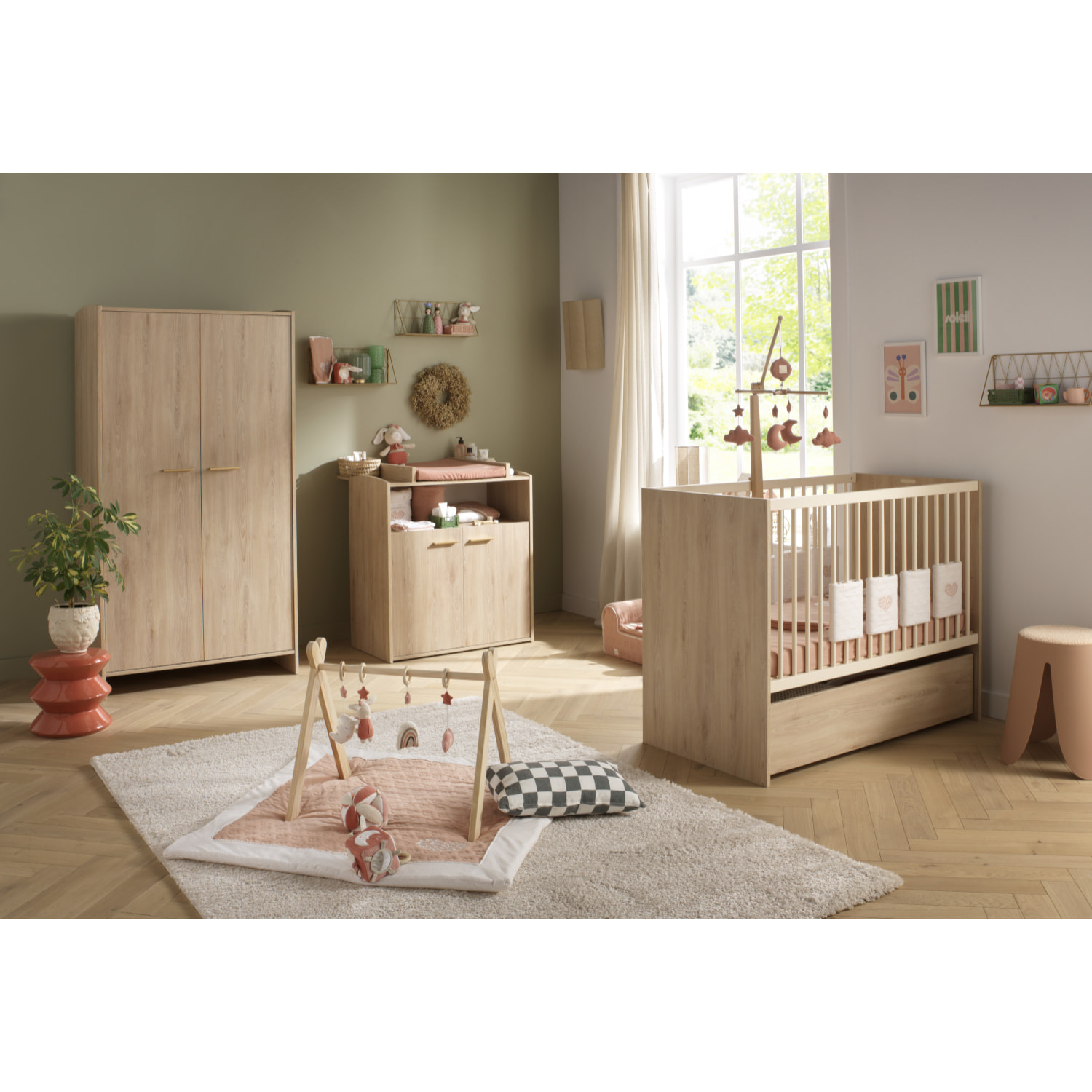 Commode à langer 2 portes et une niche décor bois hêtre