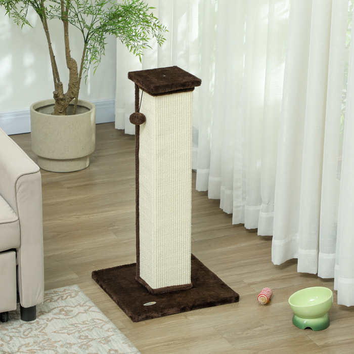 Griffoir tour pour chat H.81 cm - poteau à griffer avec jeu balle suspendue - peluche gris sisal naturel