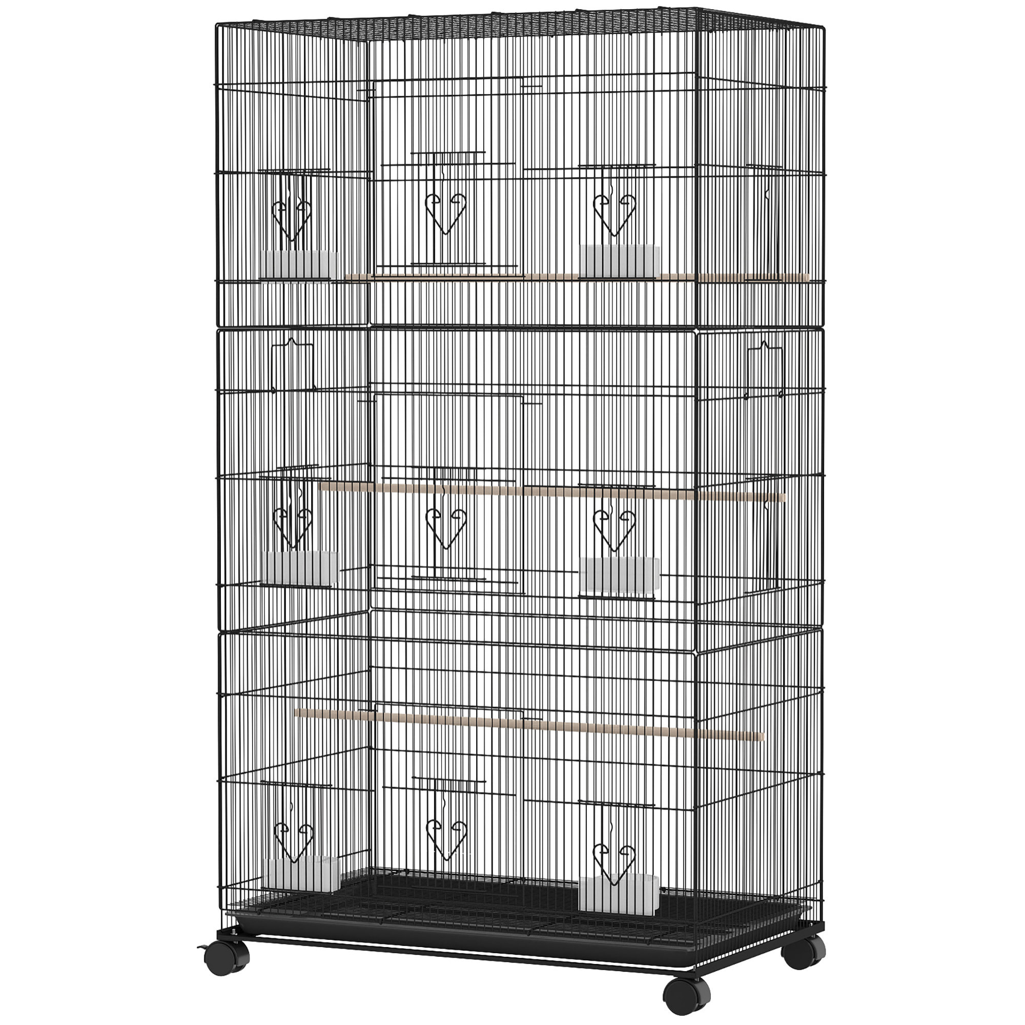 Cage à oiseaux - volière mobile - 3 portes, 10 trappes, mangeoires, perchoirs - noir