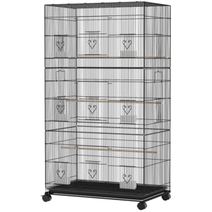 Cage à oiseaux - volière mobile - 3 portes, 10 trappes, mangeoires, perchoirs - noir