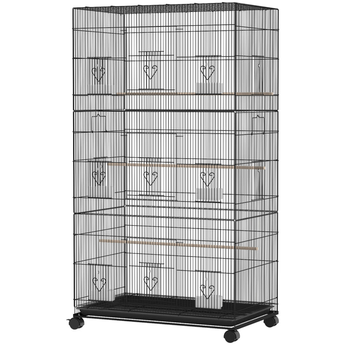 Cage à oiseaux - volière mobile - 3 portes, 10 trappes, mangeoires, perchoirs - noir