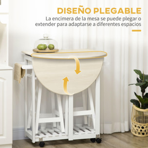 HOMCOM Carrito de Cocina de Madera 3 Piezas con 2 Taburetes Juego de Mesa de Bar con Ruedas Ala Abatible 2 Cajones Barras para Colgar y Estante de Almacenaje 87x74x86 cm Blanco