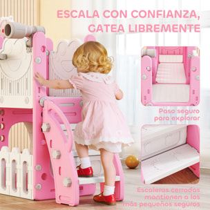 Tobogán Infantil 7 en 1, Tobogán para Niños de 1-3 Años, Temática de Rana, con Aro de Baloncesto, Túnel, Pizarra, Telescopio de Juguete, Escalador y Cajas, para Interior y Exterior, Rosa