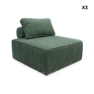 Lot de 3 chauffeuses pour canapé  modulables velours côtelé vert avec un coussin